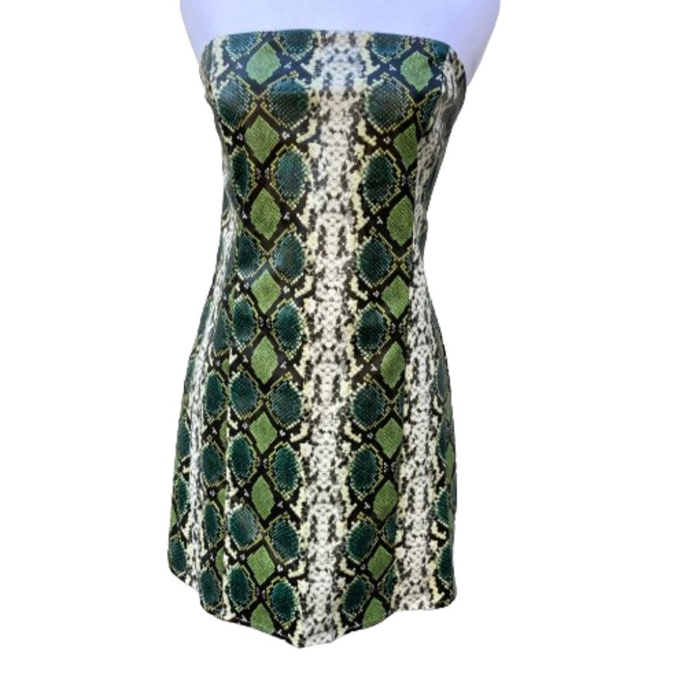 Pretty Little Thing Green Snake Print Dress, Avant Garde, Bandeau Bodycon, sz 10